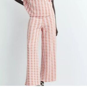 ❤️2/$50❤️[S] Zara Jaquered White Orange Pink Crochet Textured Wide Leg Pant